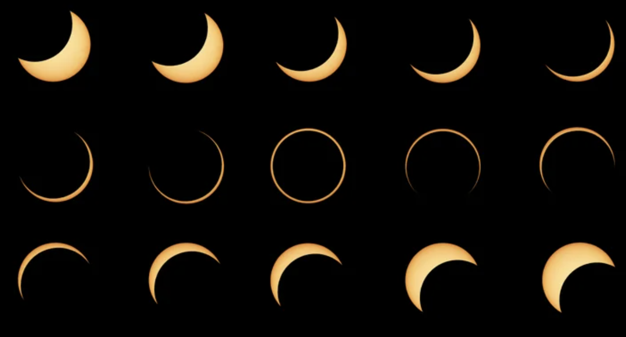 Progressive time series showing the stages of a full eclipse