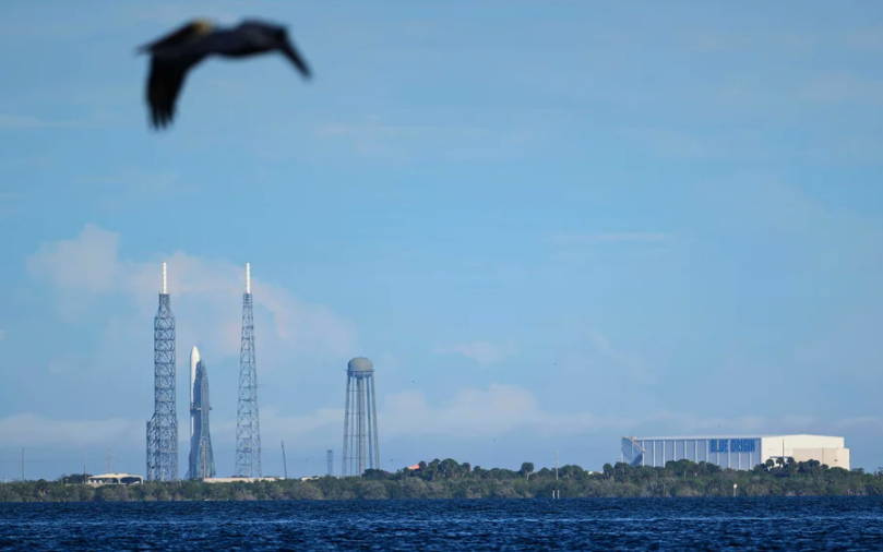 Photograph of the Blue Origin New Glenn rocket on the launch pad at Cape Canaveral during a dress rehearsal for launch in December. An out-of-focus bird flies in the foreground.