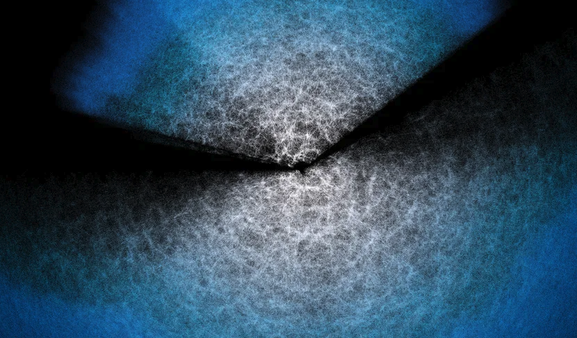 A blue, black and white animation of points emanating in two cones from a center point.