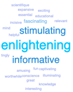 A word cloud showing more than a dozen words, enlightening, stimulating, and informative being the biggest.