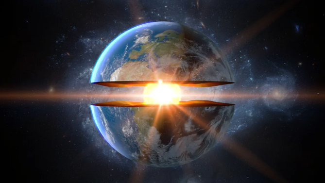 stylized photo/graphic of Earth as seen from space against black background, with a significant slide cutting out the middle of the globe to reveal a hot-yellow/orange inner core