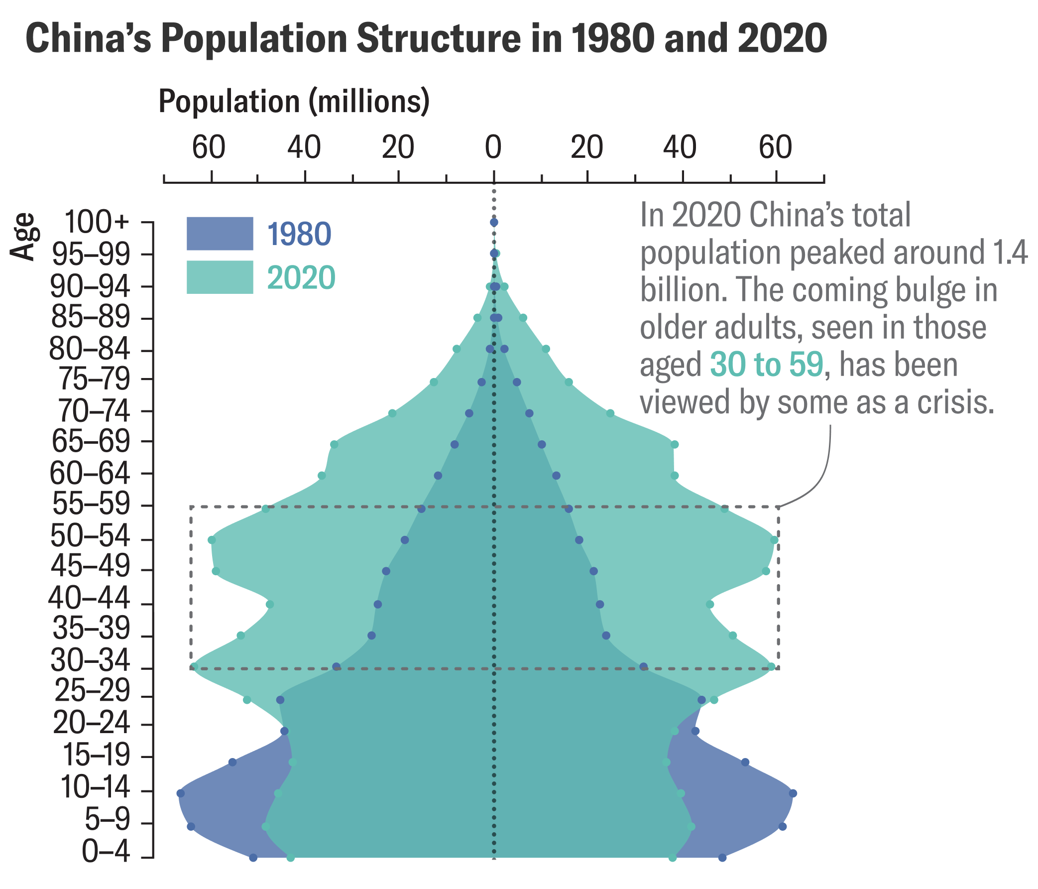 Demographic chart showing China's population structure in 1980 and 2020