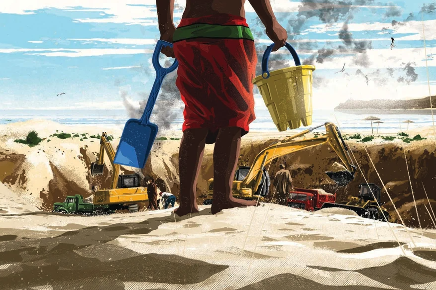 An illustration of a kid holding a sand bucket and shovel overlooking a scene of bulldozers digging up sand from a beach.