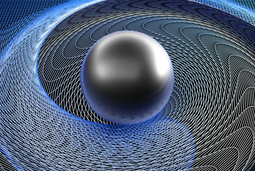 3D illustration of a black glossy sphere above a gridded mesh texture twisted into a spiral.