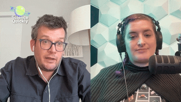A GIF of author John Green talking with podcast host Rachel Feltman