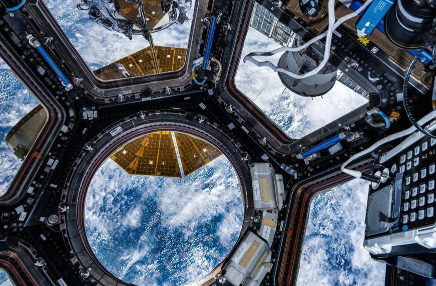 Cupola of International Space Station, looking down on Earth.
