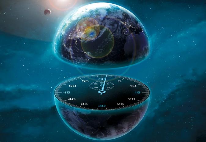 Illustration of an Earth-like globe split in half at the equator with a watch face printed on face of lower half.