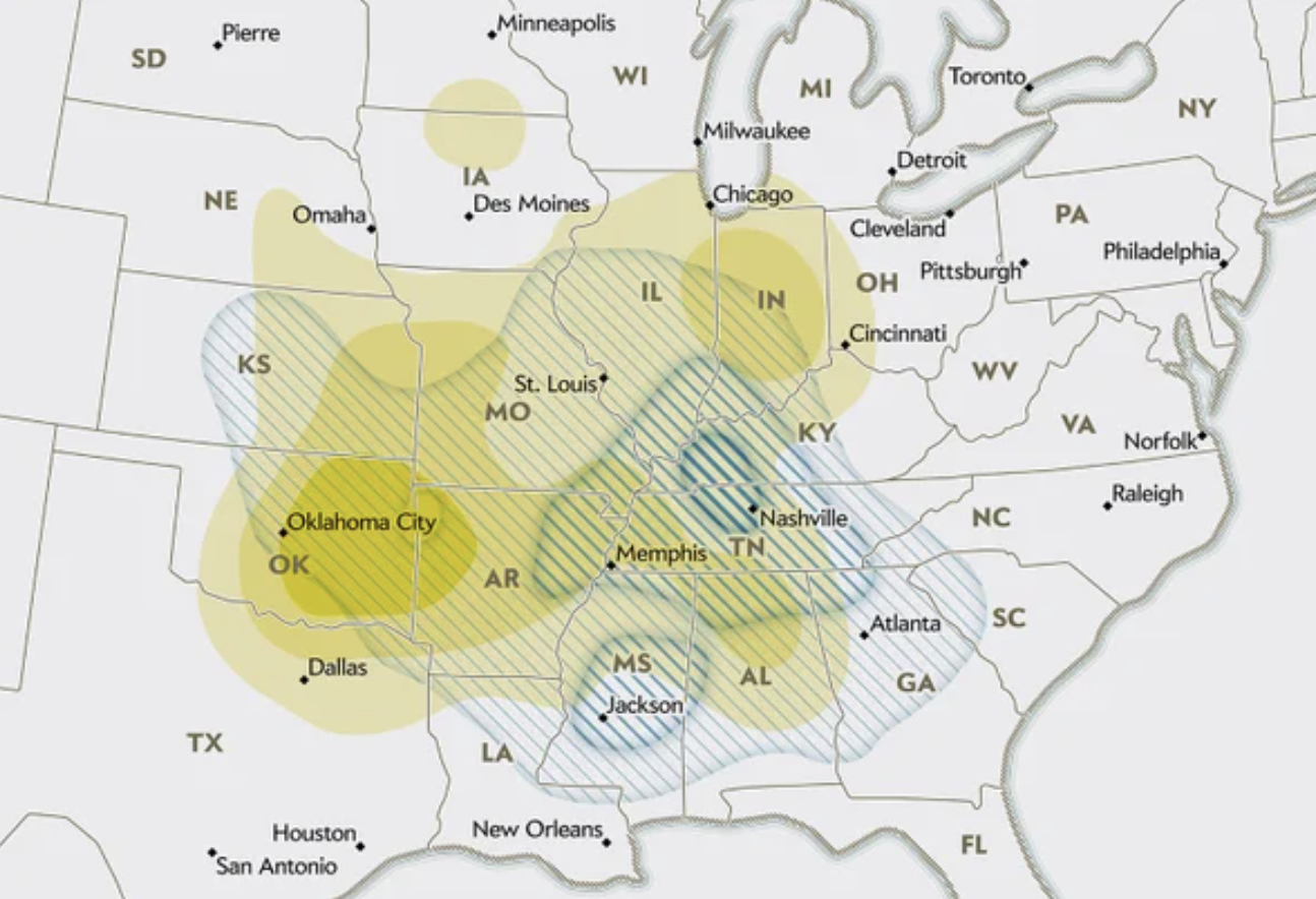 Map showing the previous location of tornado alley and where it's shifting to