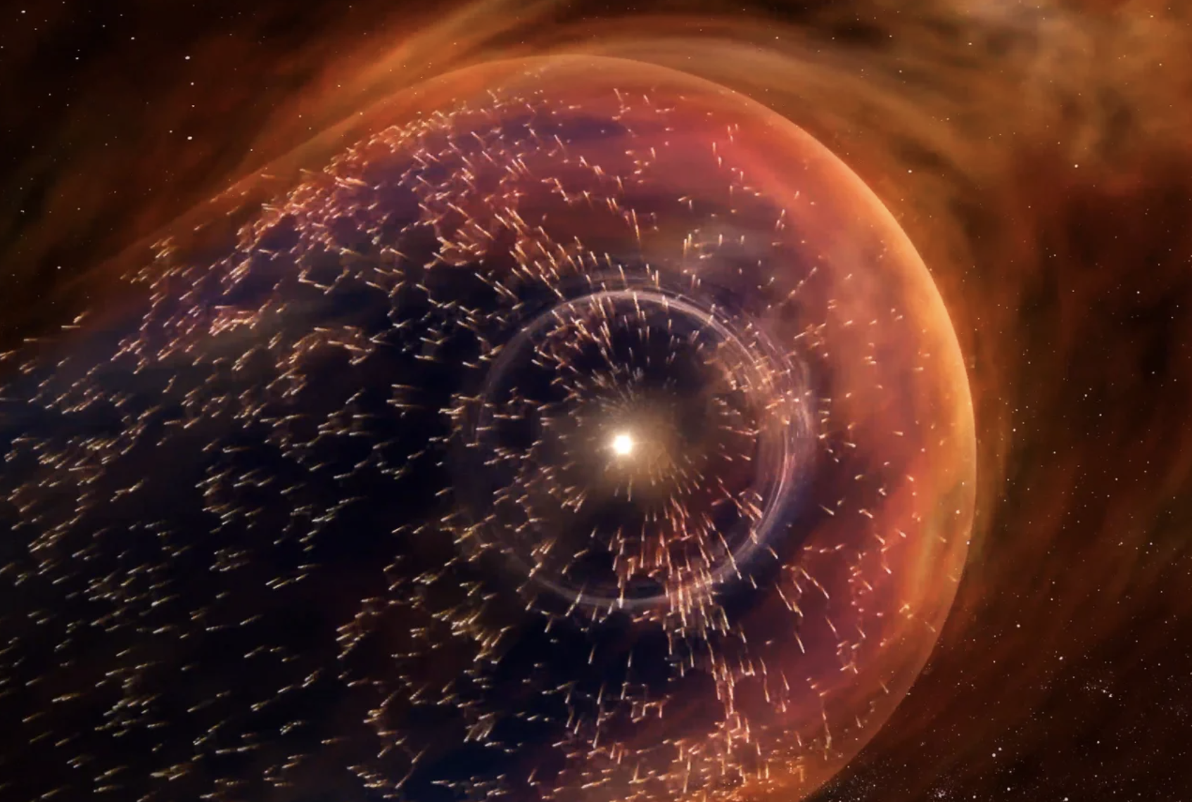 Illustration of the sun surrounded in space by orange dashes and an orange sphere, representing the sun's magnetic field.