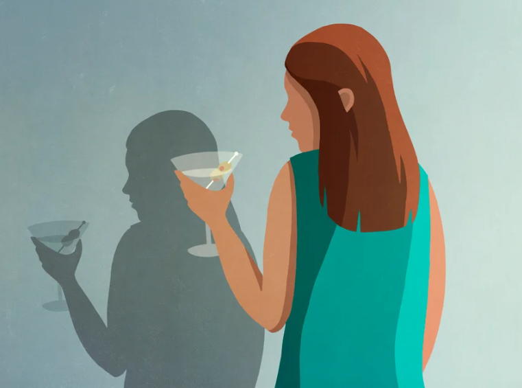 Illustration of a woman holding a martini in front of her shadow.