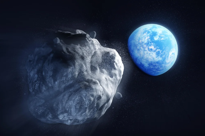 illustration of large bumpy gray rock in foreground approaching blue-white Earth farther in distance, against a black background