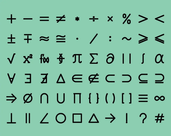 Six rows of mathematical symbols, in black font, each with 10 symbols in it, arrayed against a mint green background