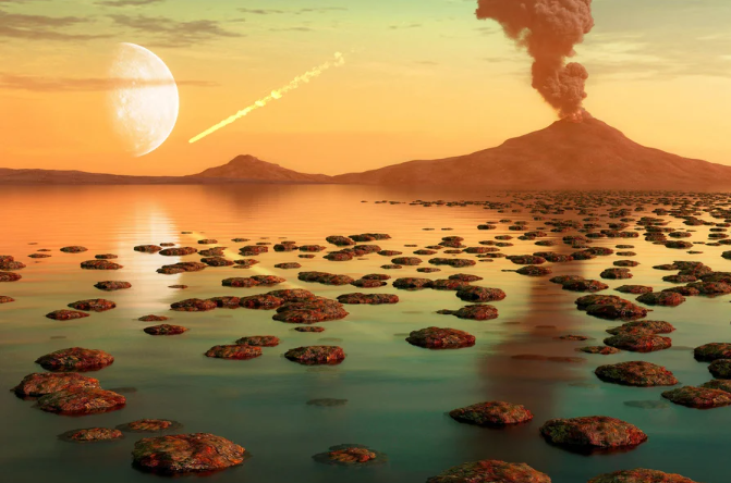 An artist's illustration of Earth's surface during the Archean era,  between 3.8 to 2.5 billion years ago. Illustration shows orange-blue coastal waters with floating microbial formations and an erupting volcano on distant landmass