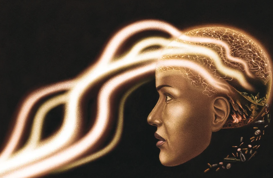 Illustration showing electric currently streaming into (out of?) a woman's brain