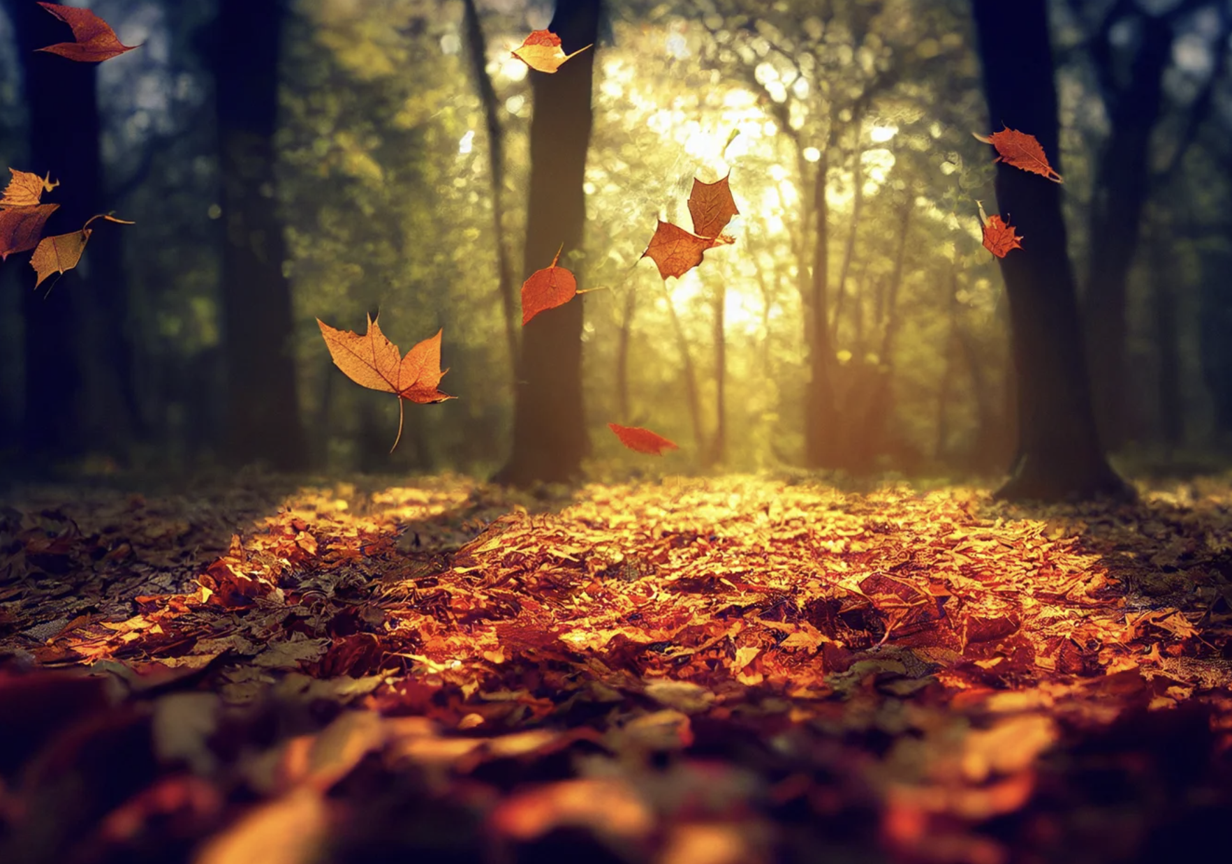 Leaves fall into a bed of dead leaves, illuminated by golden sun 