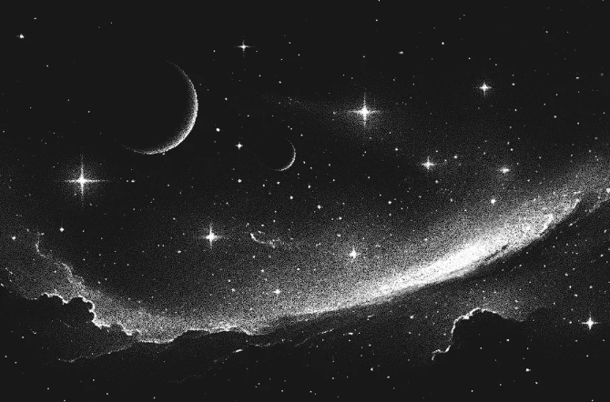 black and white illustration of night sky with crescent moon above a clouded horizon