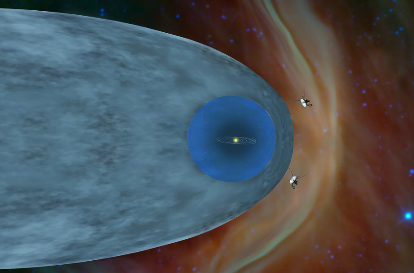 An illustration of the heliosphere and both Voyager spacecrafts beyond it.