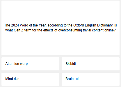 Screen grab of first question in the weekly quiz, with 4 possible answers included in graphic text box