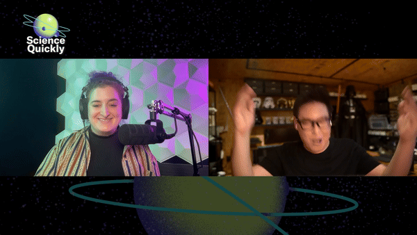 Gif of Rachel Feltman talking to a very excited Dennis Hong, robot engineer.