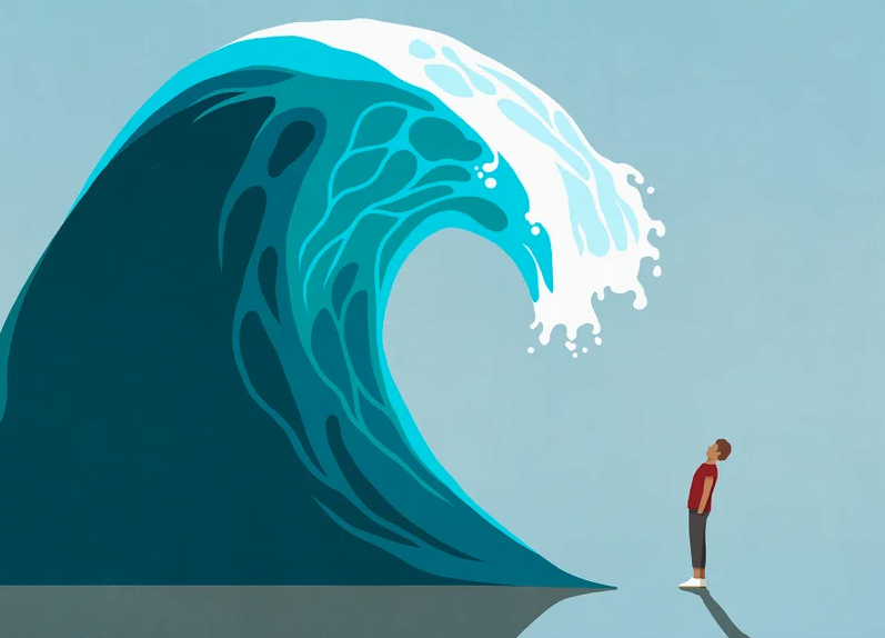 Illustration of a giant wave about to land squarely on a guy staring up at the crest.