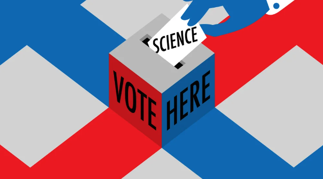 Illustration of a ballot with "science" written on it being deposited into a voting box