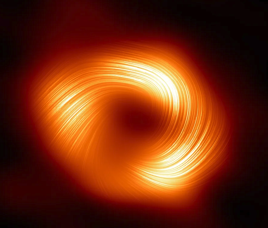 Image of a black hole with lines of polarized light