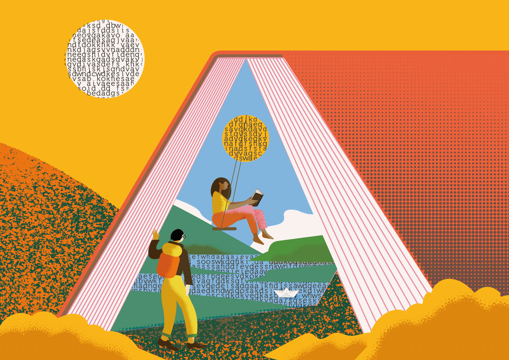 A GIF of an illustration of a woman reading a book on a wing that hangs from a small sun. A man looks on from an outer world.