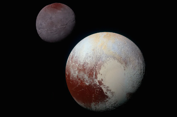 Image of Pluto with its moon Charon in the background as seen by NASA's New Horizons spacecraft in 2015. Pluto and Charon are enhanced in color, yellow-to-red hues against black background of space