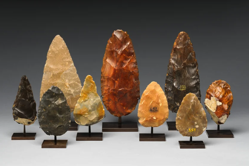 Nine samples of ancient hand axes