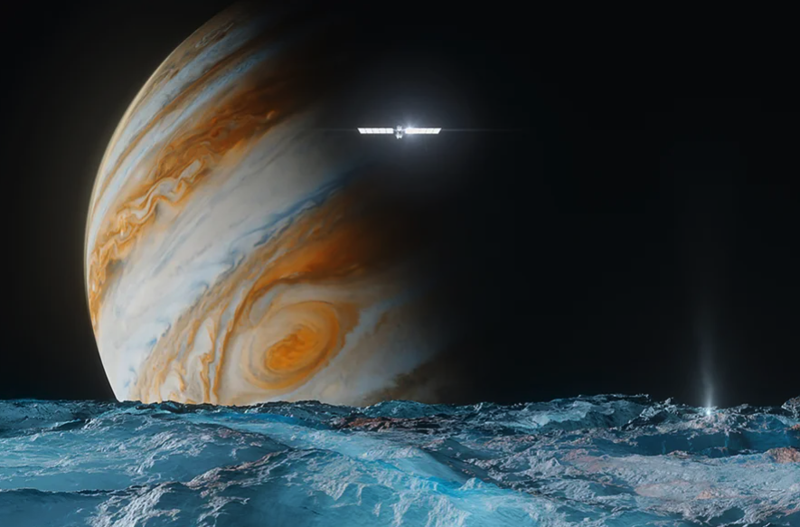 Illustration of the Europa Clipper spacecraft hovering over the oceans of a moon around Jupiter