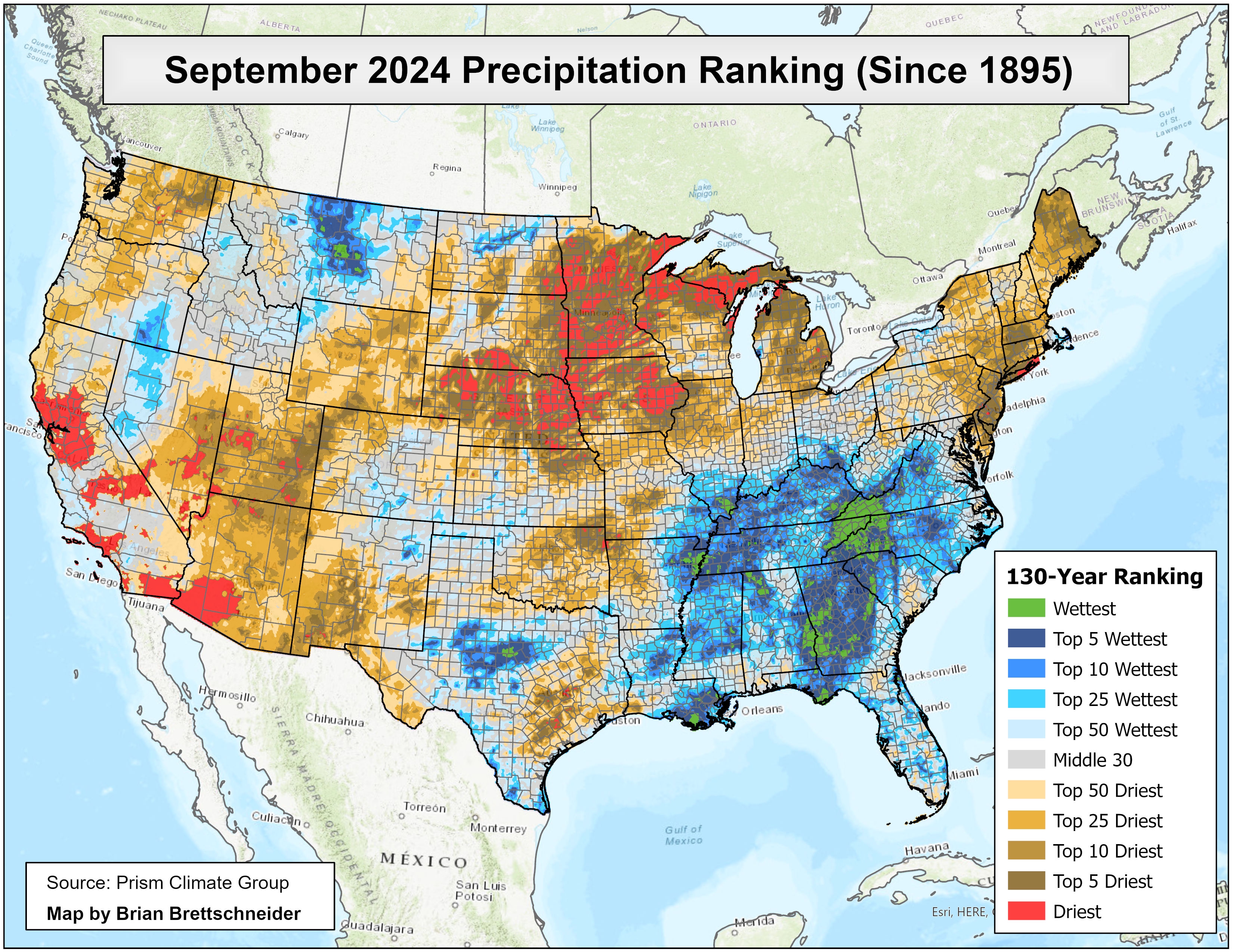 A map of the continental U.S. showing September 2024 precipitation ranks since 1895