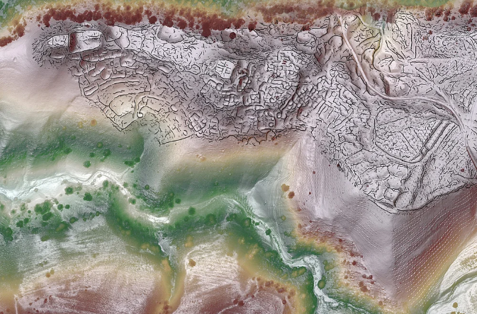 A lidar map view of Tugunbulak, the site of a nearly 300-acre medieval city in Uzbekistan, with crest lines.