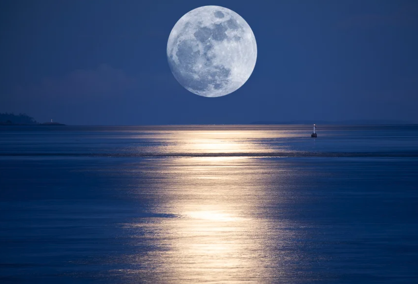 A giant (looking) moon hovers over an horizon