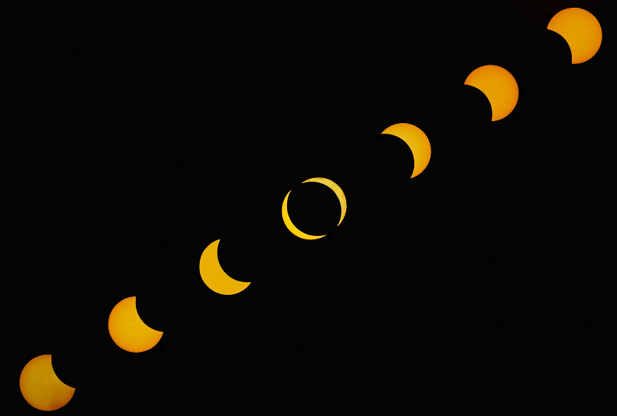 A composite image showing various stages of the solar eclipse, until to 87 percent eclipsed.