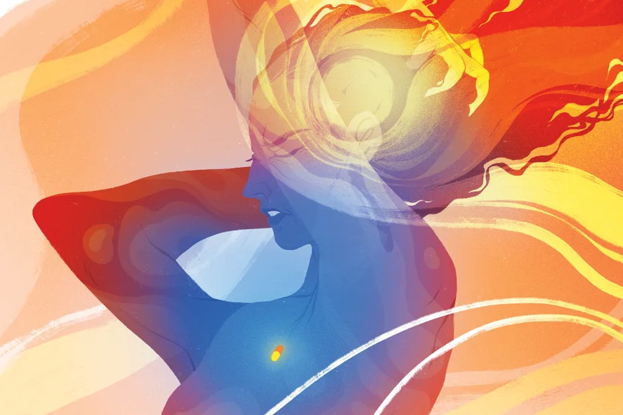 An illustration of a woman whose face is contorted in pain. A yellow and red pill glows where her heart would be.