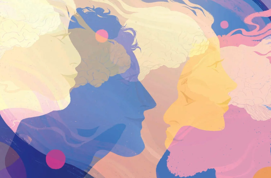 An abstract illustration of human heads, with their brains faintly visible and whisps of what could be hair, or what could be brain waves connecting them