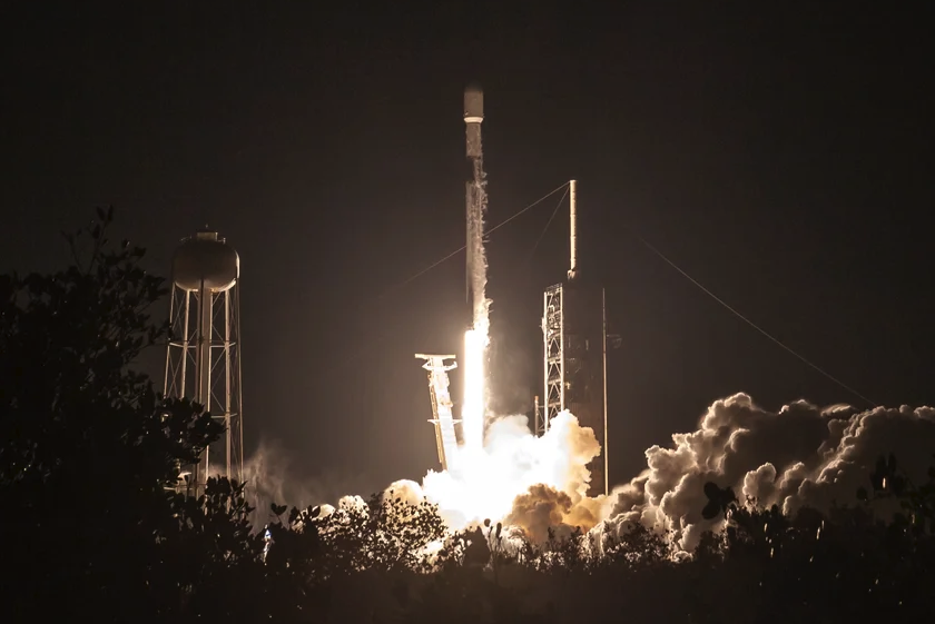A SpaceX Falcon 9 rocket launches from launch pad 30A at the Kennedy Space Center, carrying the Intuitive Machines Moon Lander Athena.