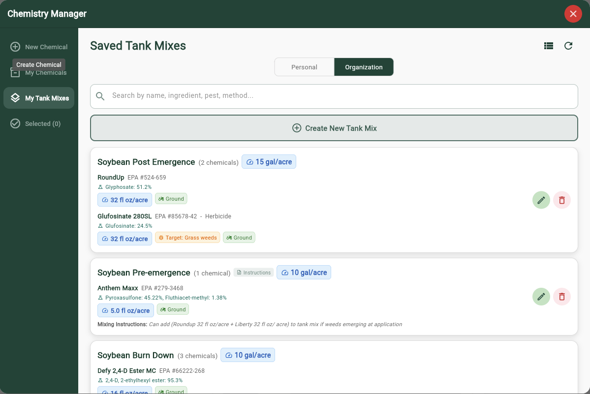 Tank mix creation