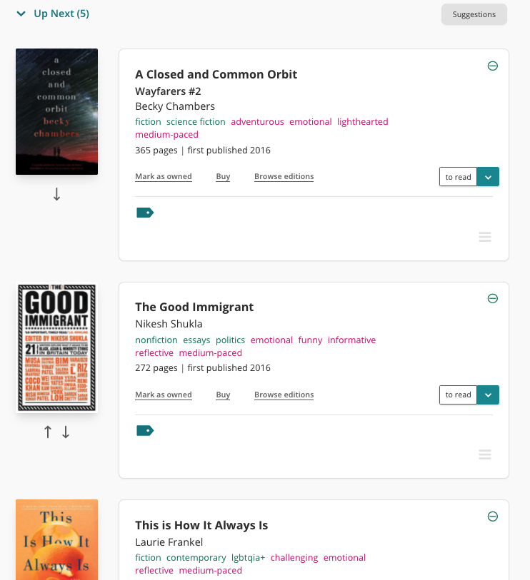 A screenshot of the screenshots/preview section of The StoryGraph's App Store listing. There are 4 different panels, each featuring an iPhone casing. The first shows a segment of the Browse Books page, the second the top of the stats page, with the mood pie chart, the third shows the books and pages line chart, and the fourth shows the homepage, with the Recommendations and To-Read Pile sections visible.