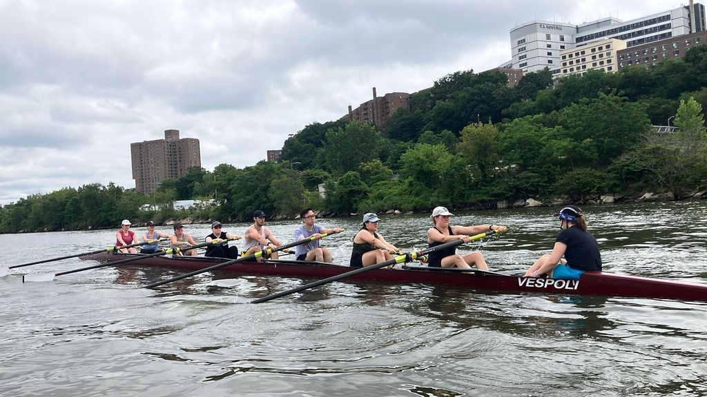 HRCR rowers rowing an eight-oared rowing shell on the Harlem River