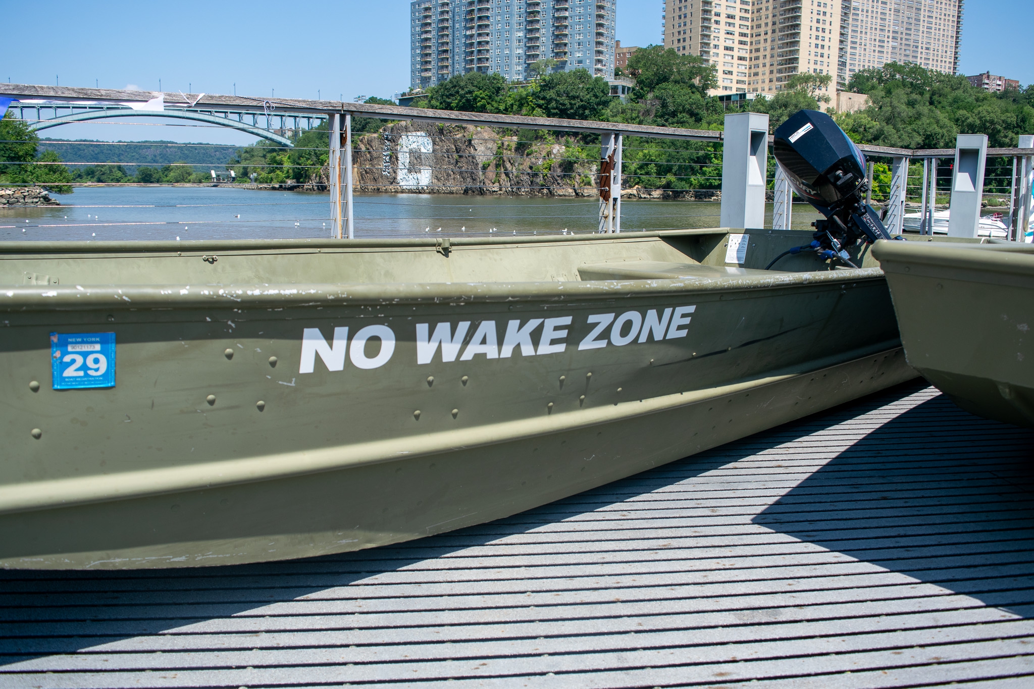 Image of a launch showing its newly christened name: the "No Wake Zone" 