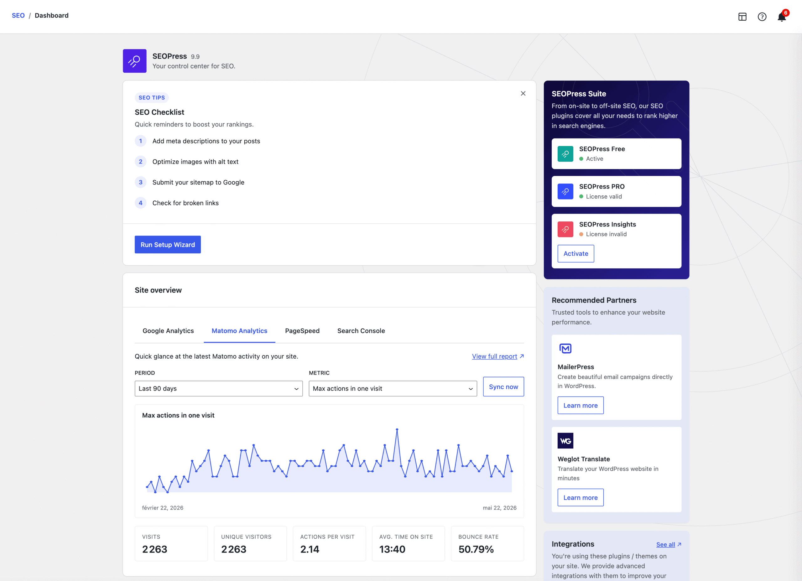 Our brand new SEOPress dashboard built with native WordPress React components