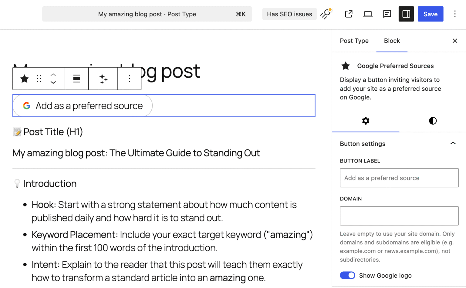 Google Preferred Source block settings – SEOPress