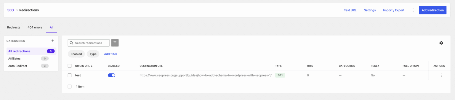 Our new redirections screen using WordPress DataViews – SEOPress PRO