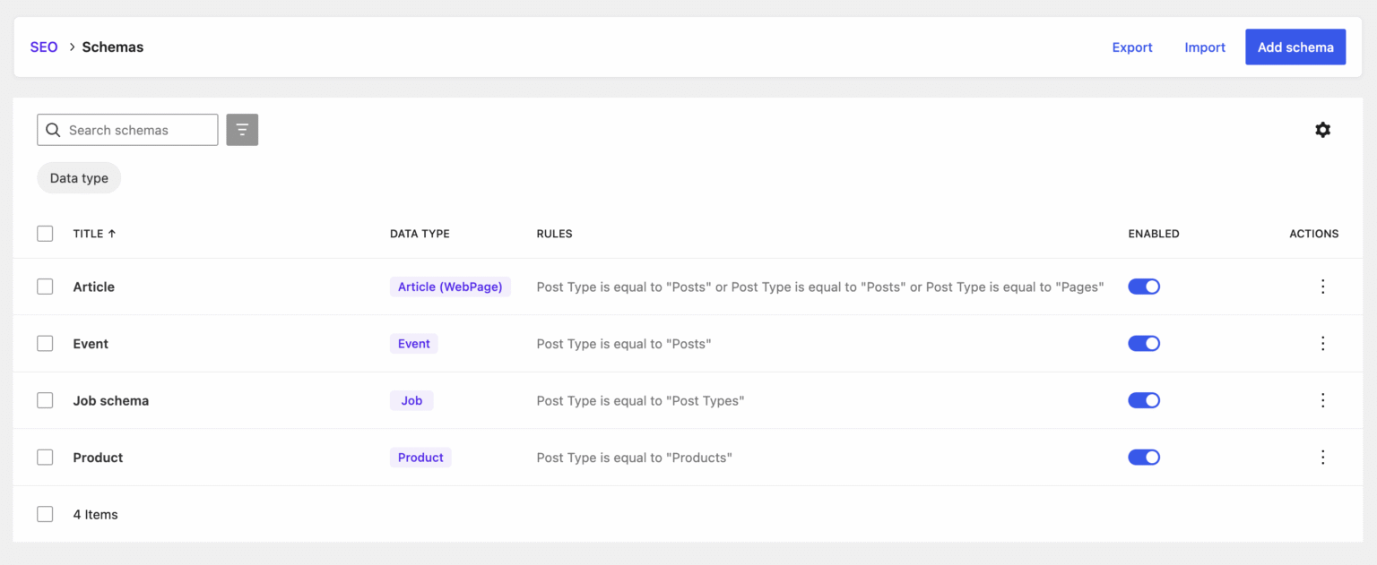 Our new schema screen using WordPress DataViews – SEOPress PRO