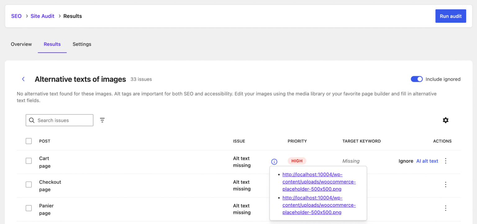 New Site Audit results screen – SEOPress PRO