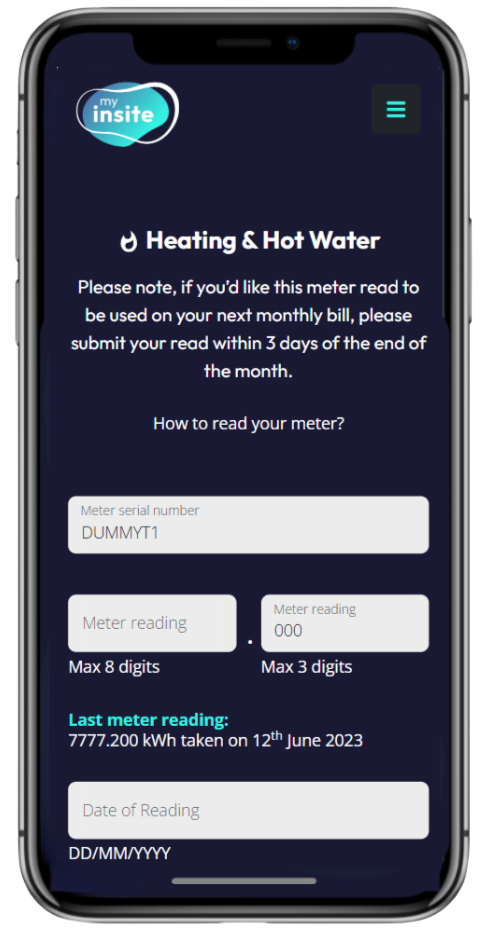 Meter reading screen on 'my insite'