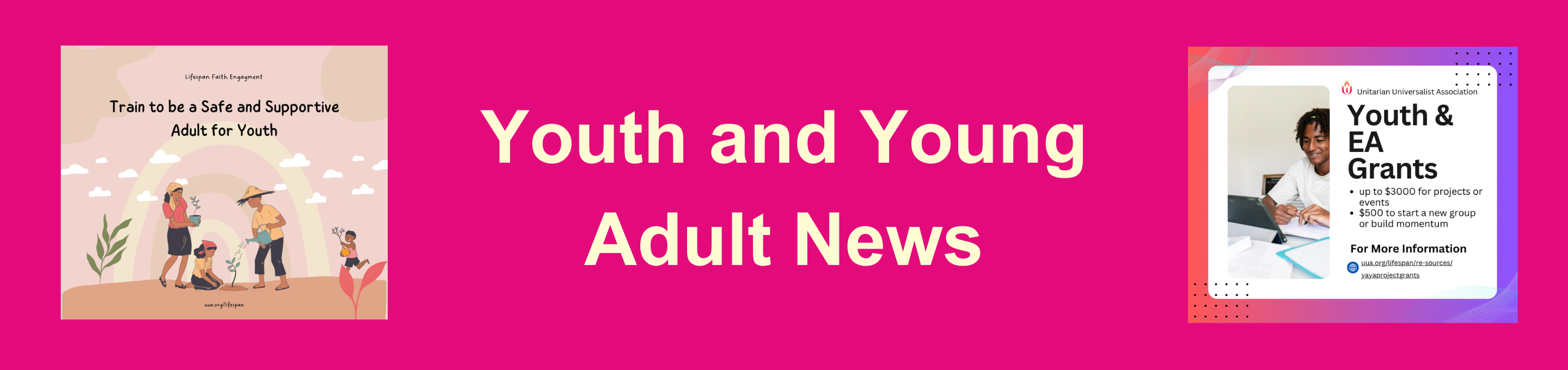 pink background reads Youth and Young Adult news with Logos of two activities