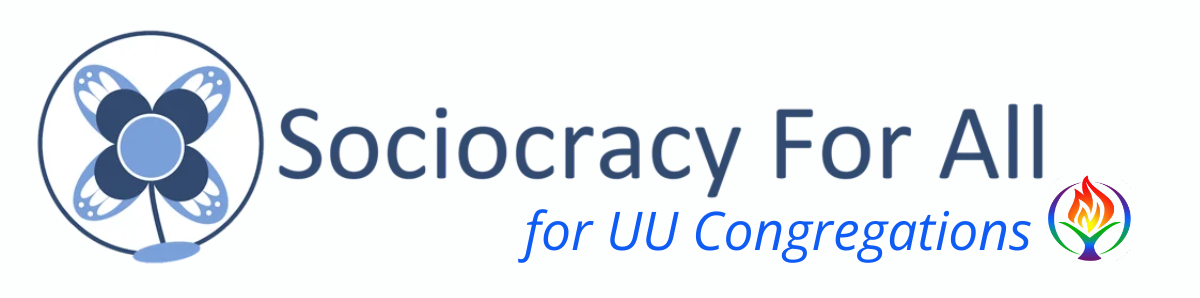 Logo: A blue flower to the left and rainbow flaming chalice in the bottom righthand corner with the blue text - Sociocracy For All for UU Congregations