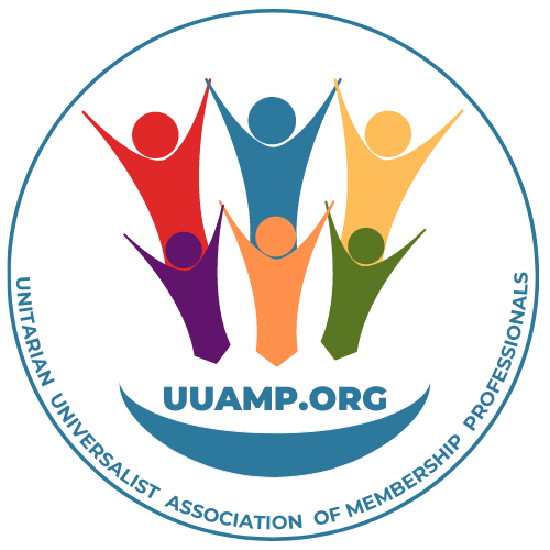 Logo: six colorful graphic people holding hands above their heads with UUAMP.ORG and Unitarian Universalist Association of Membership Professionals in blue.